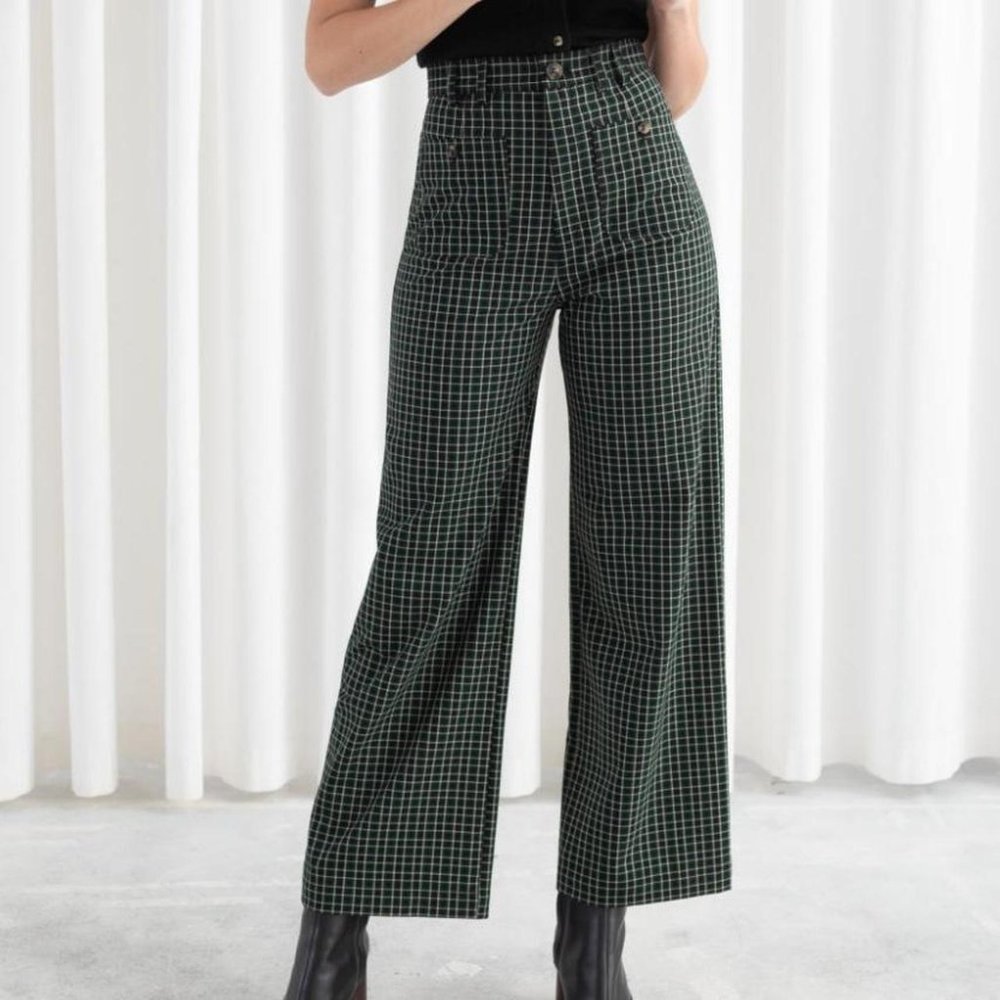 & Other Stories Green Kick Flare Plaid Trousers - Size 4